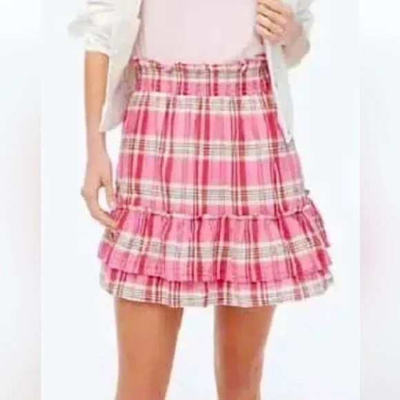 JCREW NWT Pink Plaid Ruffle Mini Skirt Cotton Lined Comfy Pull-on Valentines - Picture 1 of 8